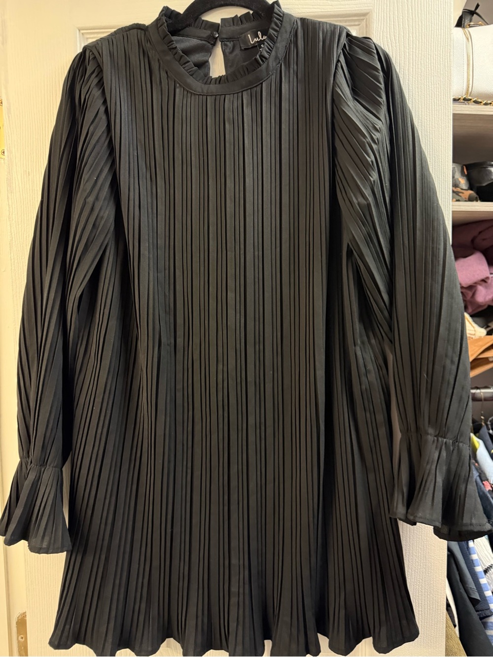 Lulu's Black Pleated Long-Sleeve Mini Dress with Ruffle Neck